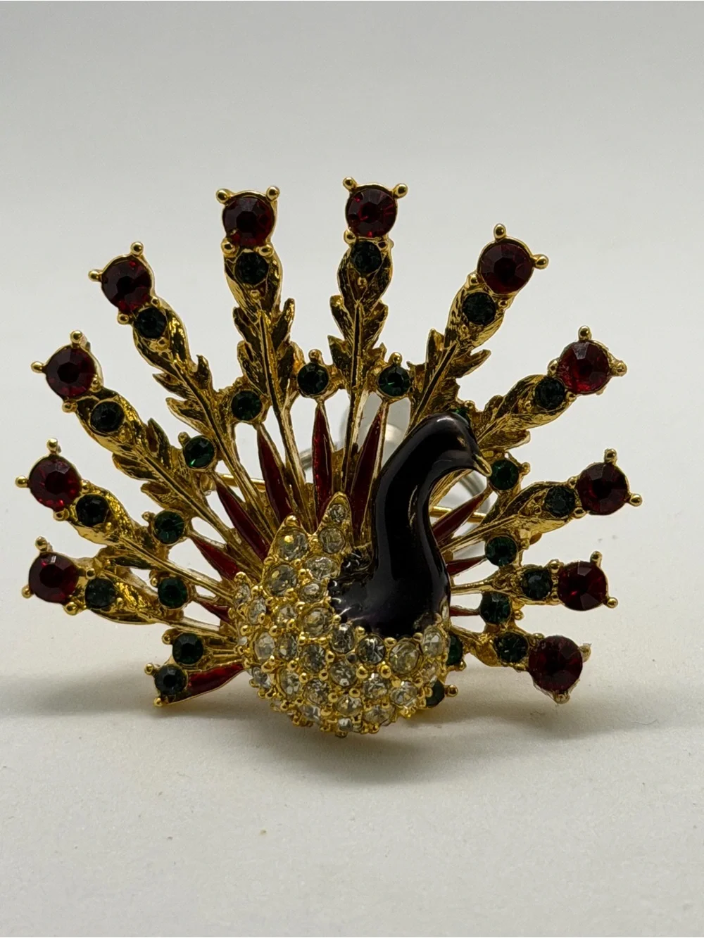 Vintage Signed Peacock Brooch 1.75” Gold Tone Rhinestone Enamel Pin Red Green St